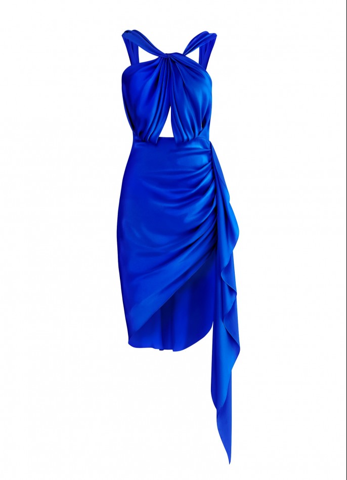 PRE-ORDER : DRAPED SILK SATIN BACKLESS DRESS - BLUE